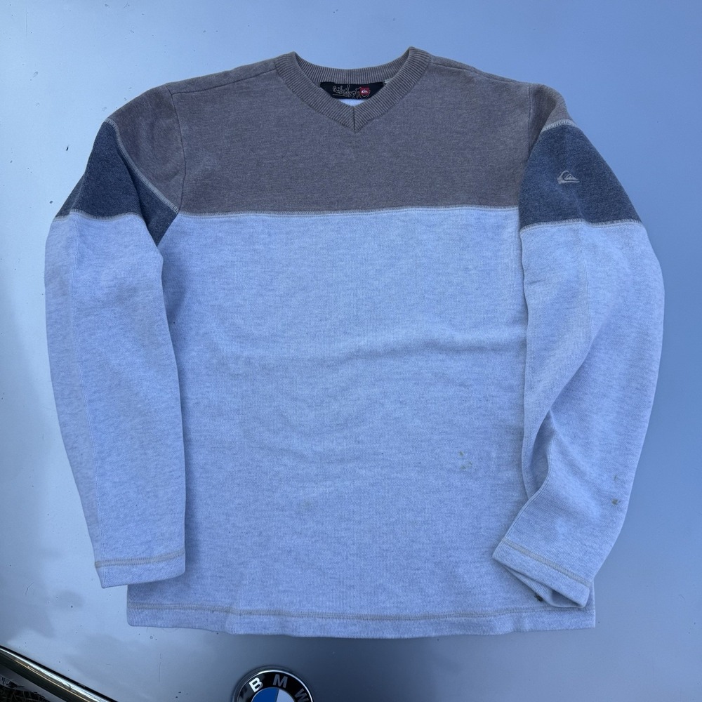Vtg Quiksilver Cotton Heavy Canvas Sweater Color block Cream Brown Surfer 20X26